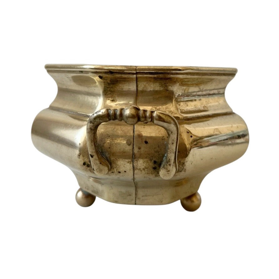 Vintage Brass Jardiniere Planter, Octagonal Cache Pot with Handles and Ball Feet