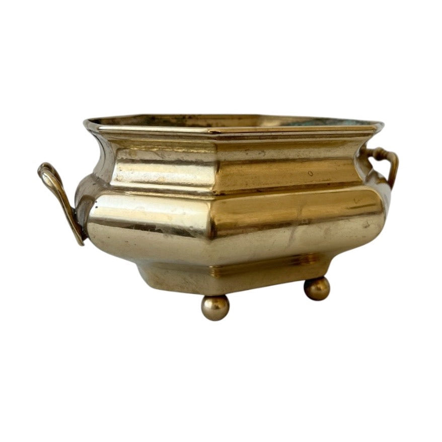 Vintage Brass Jardiniere Planter, Octagonal Cache Pot with Handles and Ball Feet