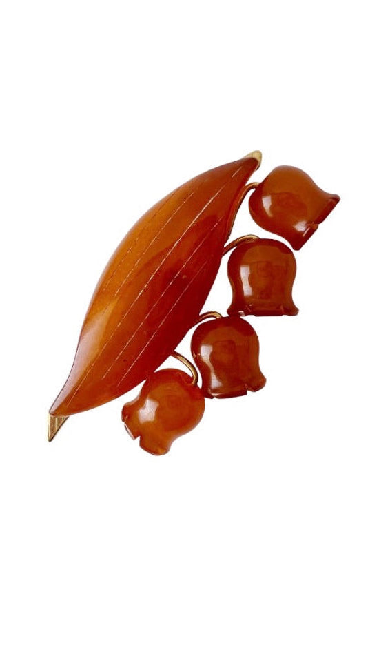 Vintage Soviet Baltic Amber Lily of the Valley Brooch. Gold Plated.