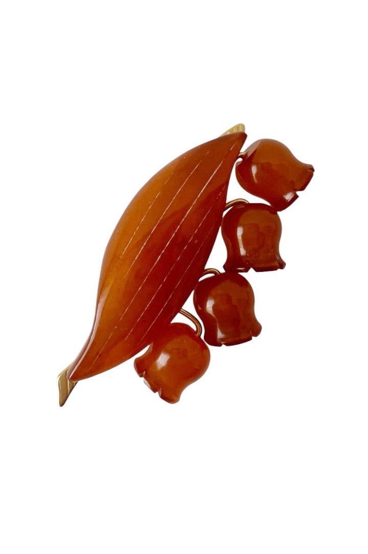 Vintage Soviet Baltic Amber Lily of the Valley Brooch. Gold Plated.