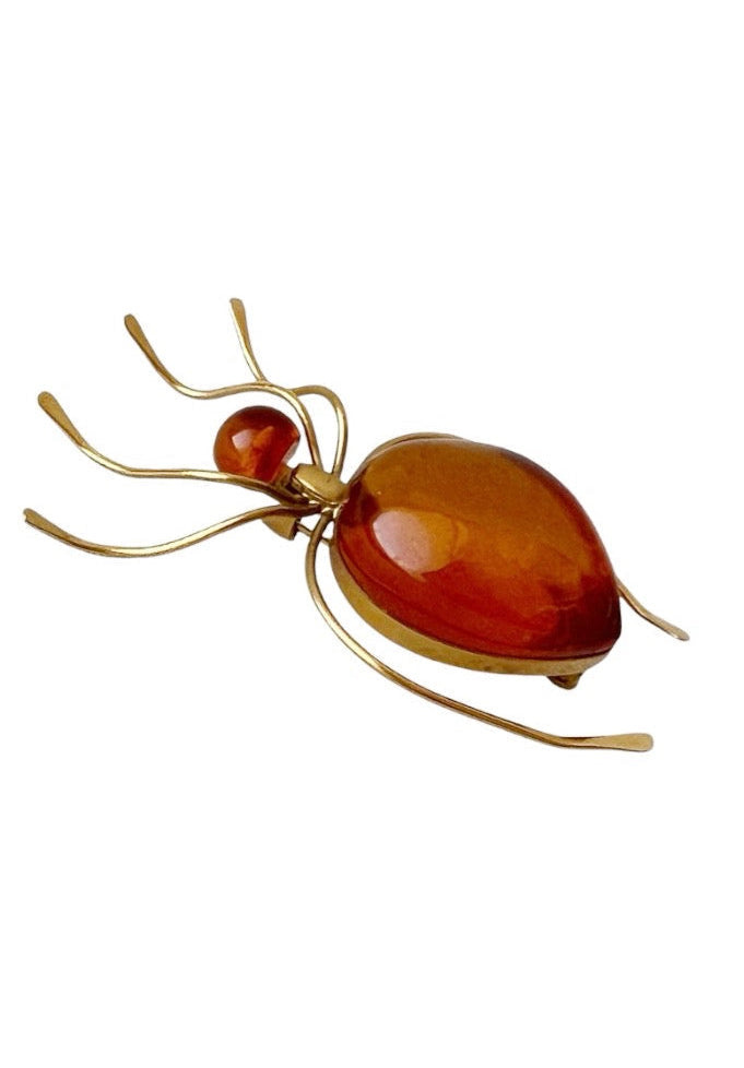 Vintage Spider Brooch. Baltic Amber Gold Plated. Kaliningrad Amber Combine, USSR, 1980s.