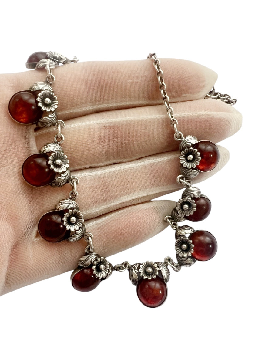 Vintage Baltic Amber Necklace, Daisy Design, Sterling Silver, Danish Modernist, Niels Erik From