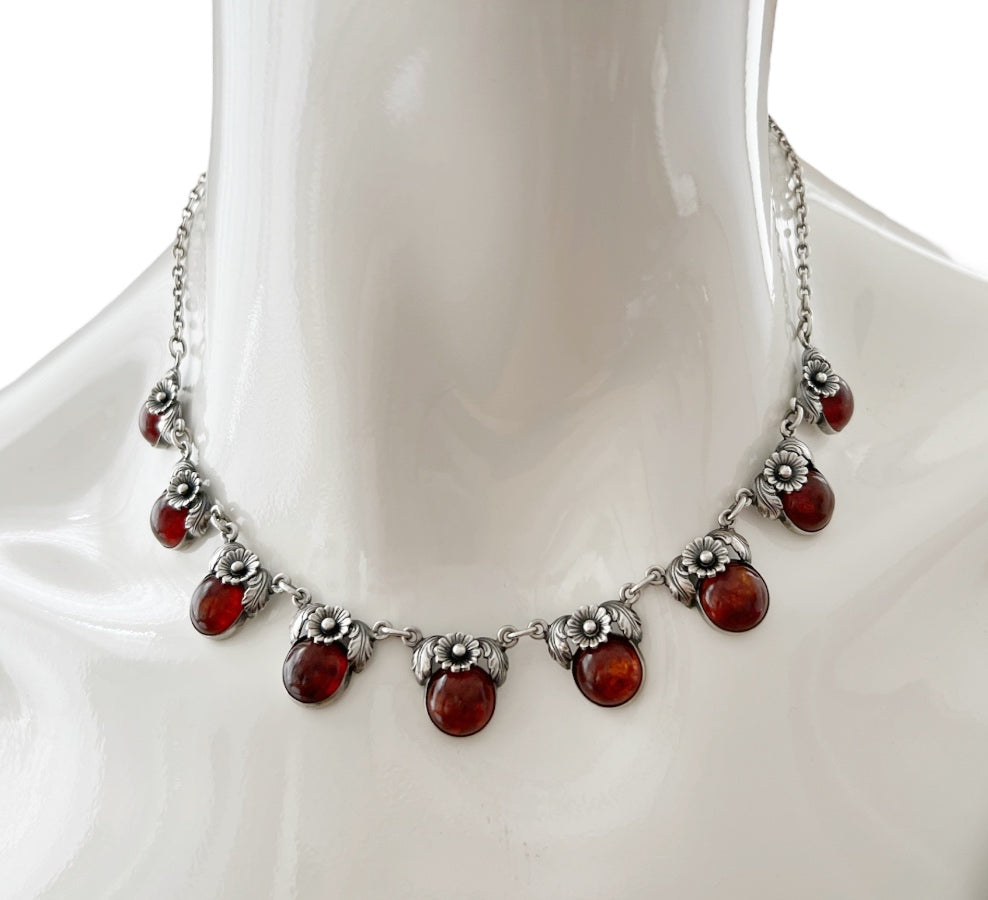 Vintage Baltic Amber Necklace, Daisy Design, Sterling Silver, Danish Modernist, Niels Erik From