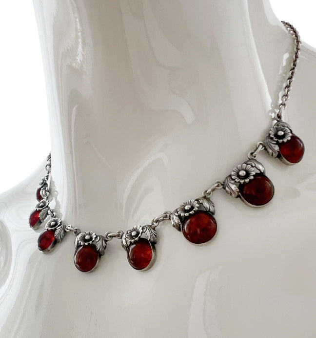 Vintage Baltic Amber Necklace, Daisy Design, Sterling Silver, Danish Modernist, Niels Erik From