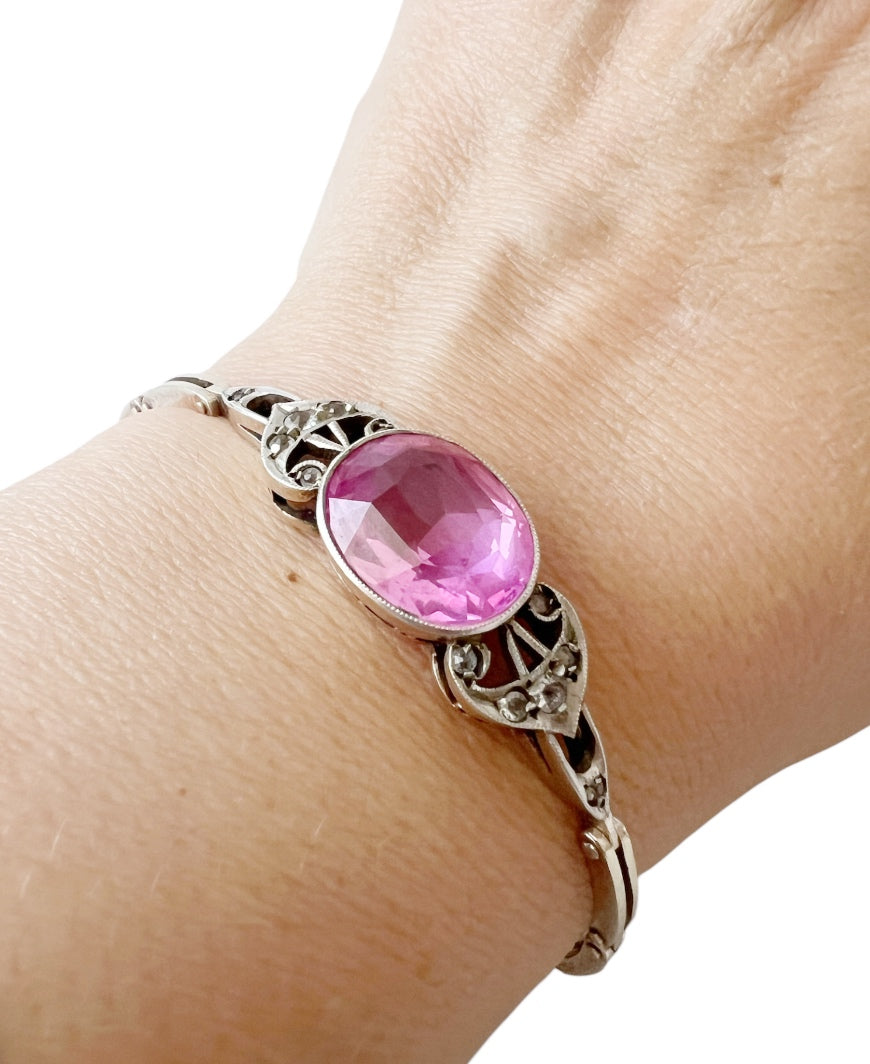 Soviet Russian 875 Silver Bracelet • Russkie Samotsvety • Pink Stone • 1960s USSR