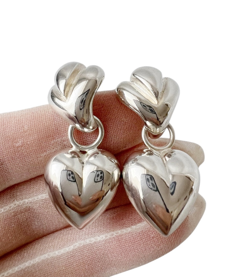 Large Italian Sterling Silver Heart Earrings – Solid 925 Puffy Hearts.