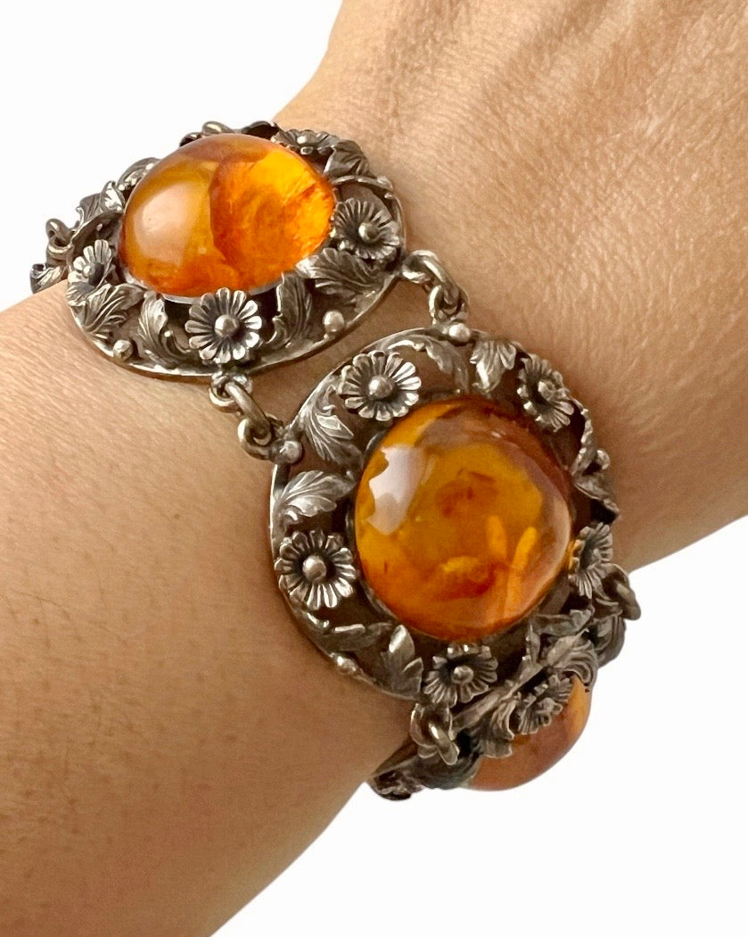 Vintage Baltic Amber Bracelet, Sterling Silver, Danish Modernist, Niels Erik From