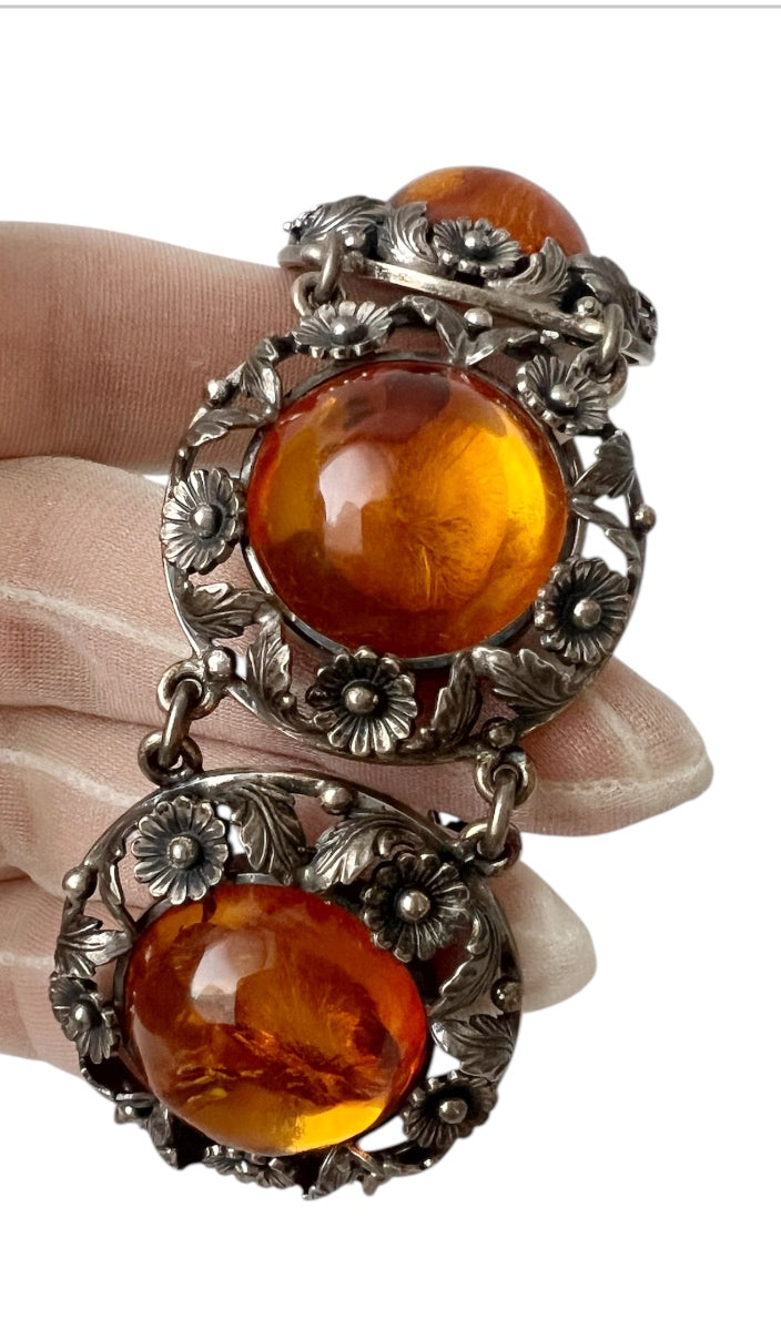 Vintage Baltic Amber Bracelet, Sterling Silver, Danish Modernist, Niels Erik From