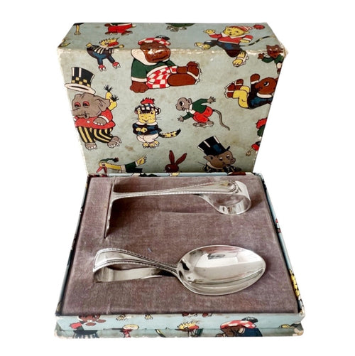 Antique 1926 Sterling Silver Baby Spoon and Food Pusher Set, Docker & Burn Ltd Birmingham, Boxed Christening Flatware