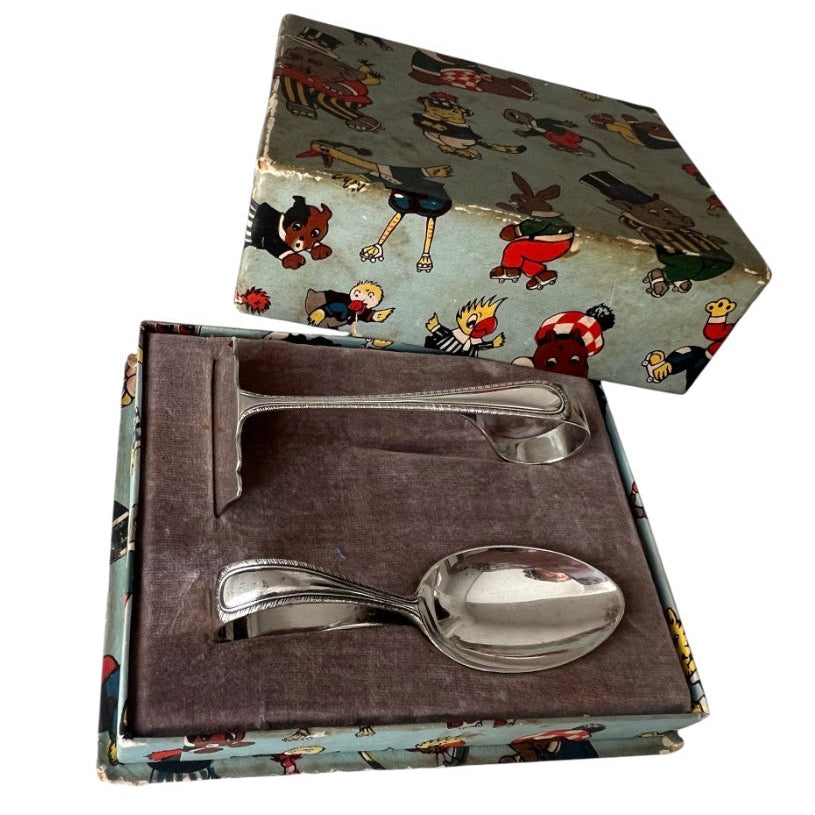 Antique 1926 Sterling Silver Baby Spoon and Food Pusher Set, Docker & Burn Ltd Birmingham, Boxed Christening Flatware