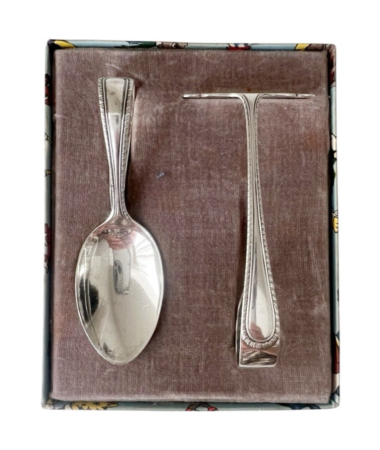 Antique 1926 Sterling Silver Baby Spoon and Food Pusher Set, Docker & Burn Ltd Birmingham, Boxed Christening Flatware