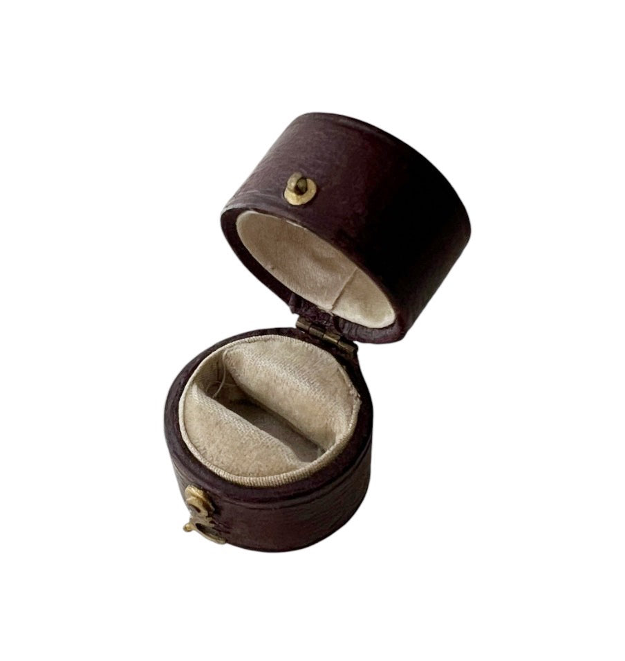 Antique Leather Ring Case, Round Burgundy Jewellery Display, Small Proposal Holder