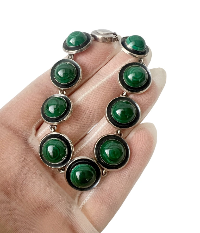Vintage Malachite Bracelet, Sterling Silver, Danish Modernist, Niels Erik From