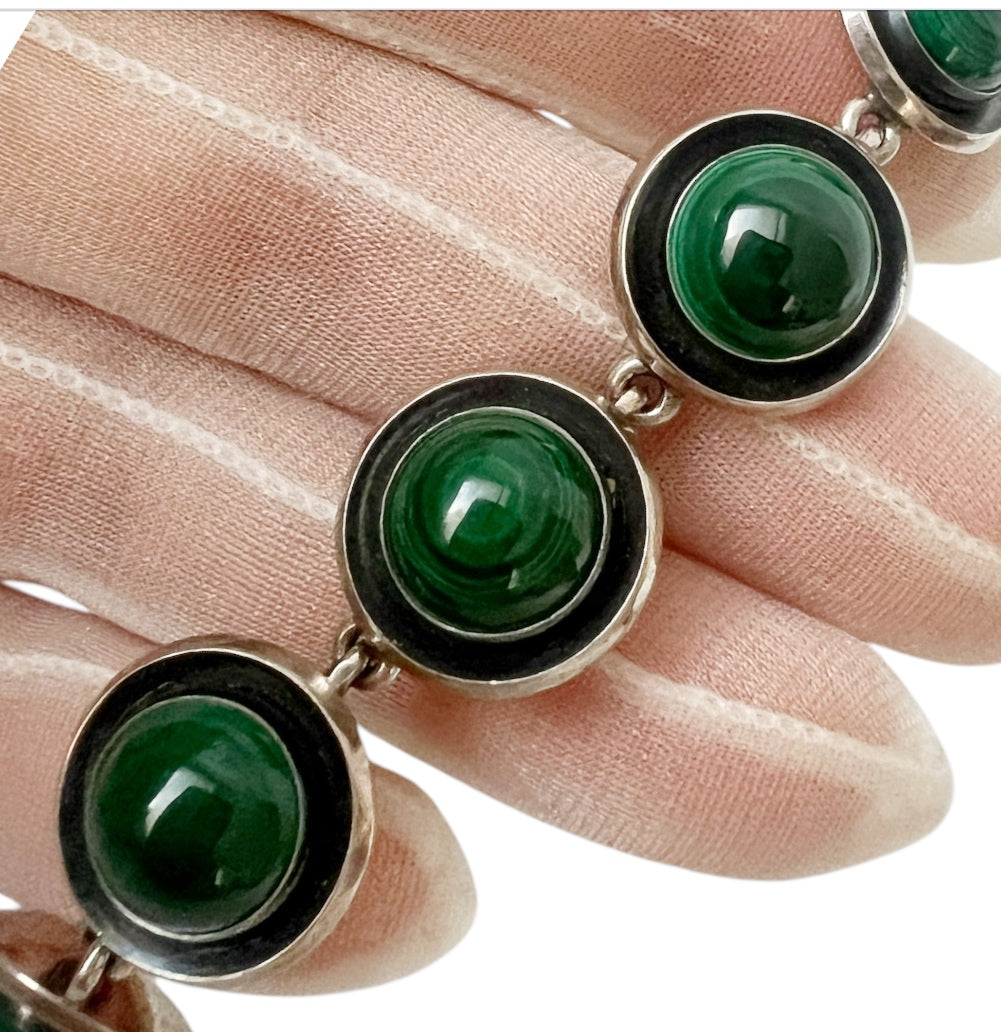 Vintage Malachite Bracelet, Sterling Silver, Danish Modernist, Niels Erik From