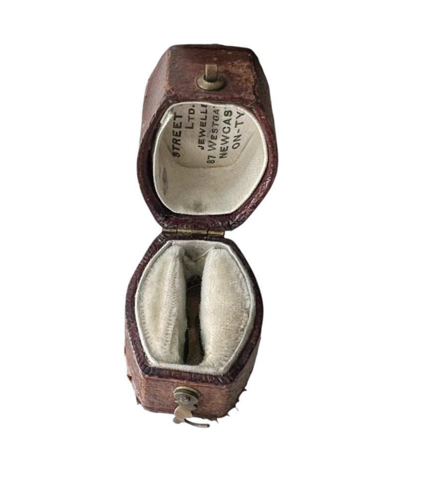 Antique Brown Leather Jewellery Presentation Box, Street & Co Newcastle Ring Holder