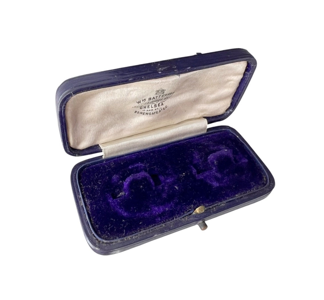 Antique William Battersby Leather Cufflink & Stud Earring Presentation Box, Chelsea London