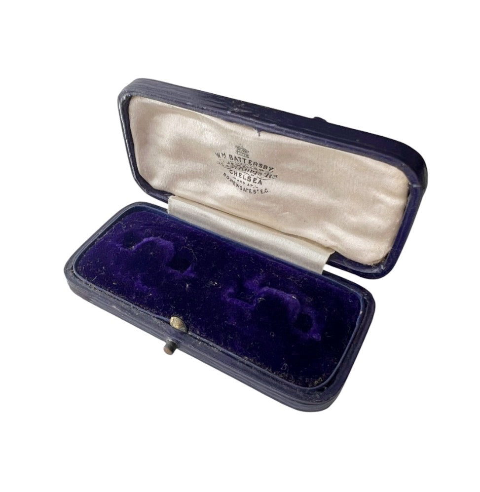 Antique William Battersby Leather Cufflink & Stud Earring Presentation Box, Chelsea London