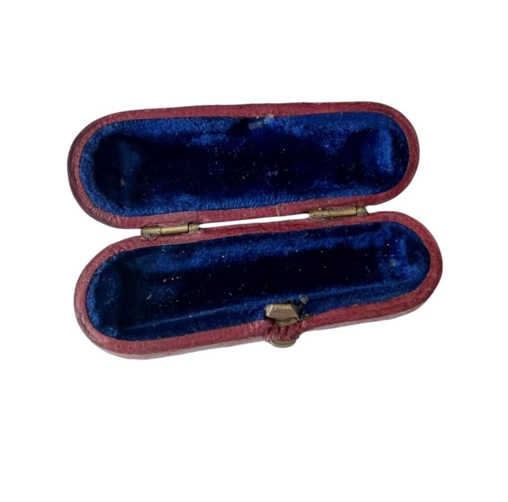 Antique Leather Mouthpiece or Jewellery Presentation Box, Blue Velvet Lined Tapered Case