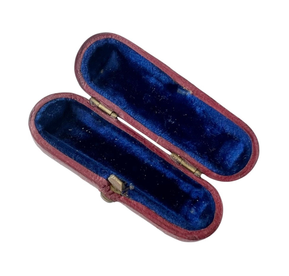 Antique Leather Mouthpiece or Jewellery Presentation Box, Blue Velvet Lined Tapered Case