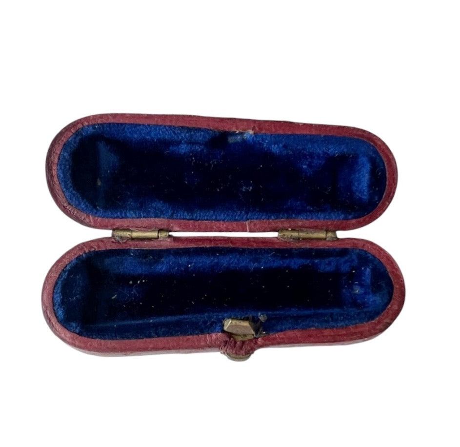 Antique Leather Mouthpiece or Jewellery Presentation Box, Blue Velvet Lined Tapered Case