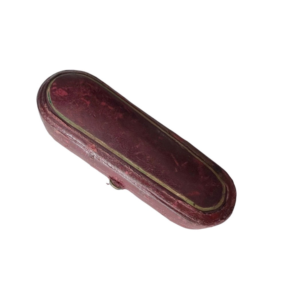 Antique Leather Mouthpiece or Jewellery Presentation Box, Blue Velvet Lined Tapered Case