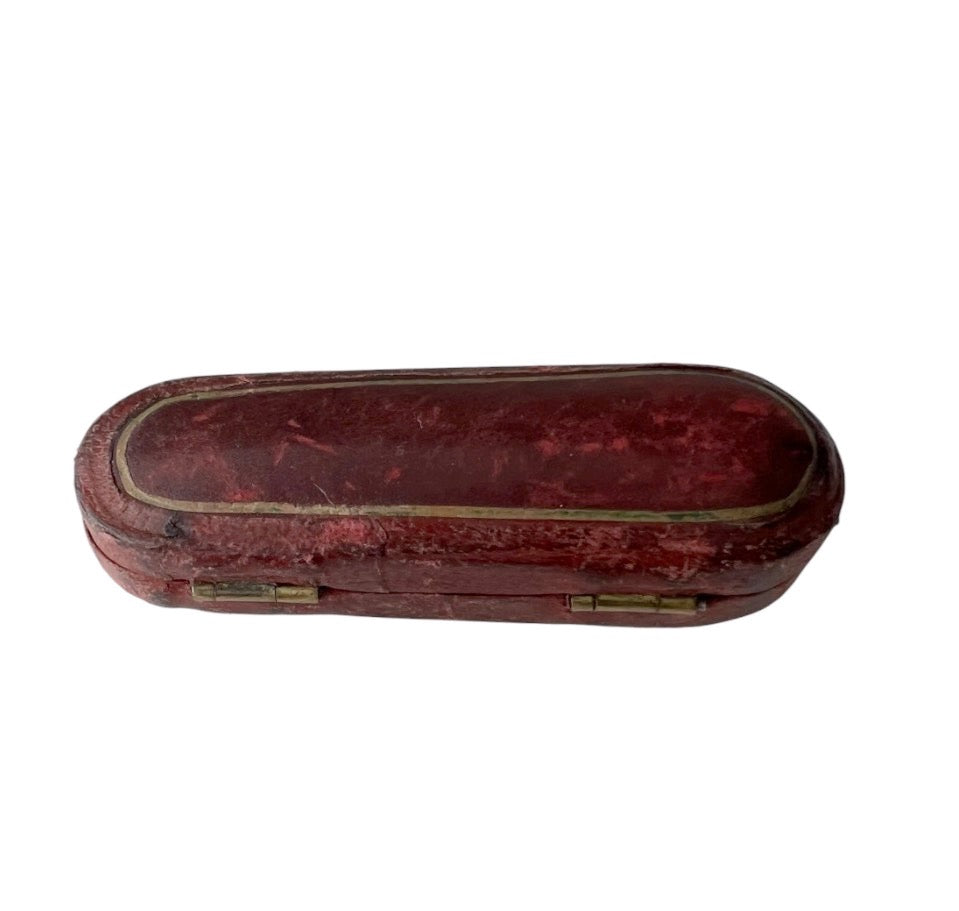 Antique Leather Mouthpiece or Jewellery Presentation Box, Blue Velvet Lined Tapered Case