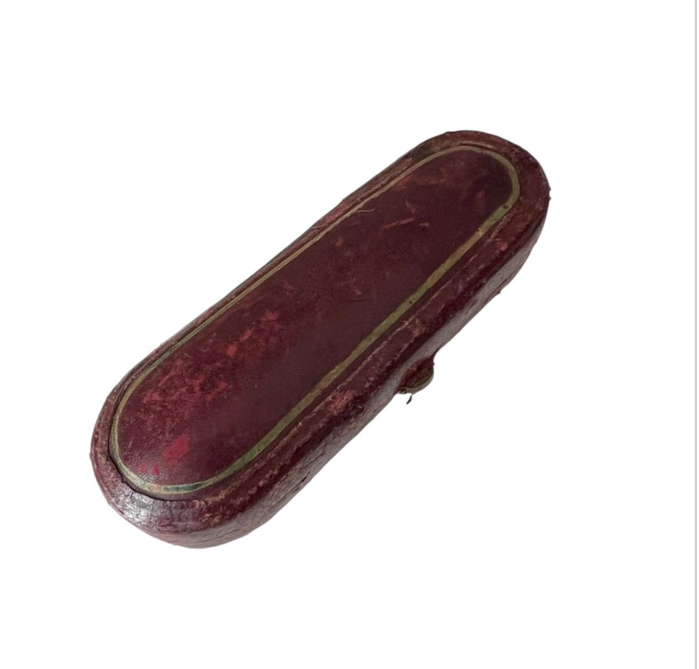 Antique Leather Mouthpiece or Jewellery Presentation Box, Blue Velvet Lined Tapered Case