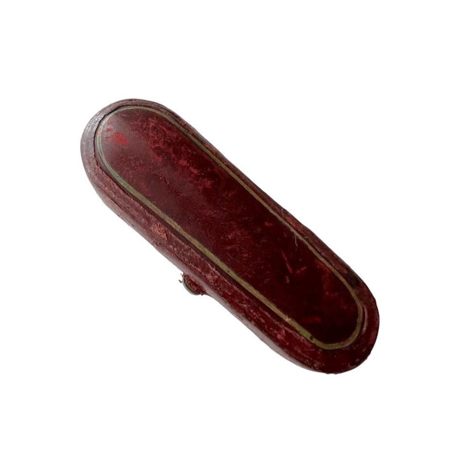 Antique Leather Mouthpiece or Jewellery Presentation Box, Blue Velvet Lined Tapered Case