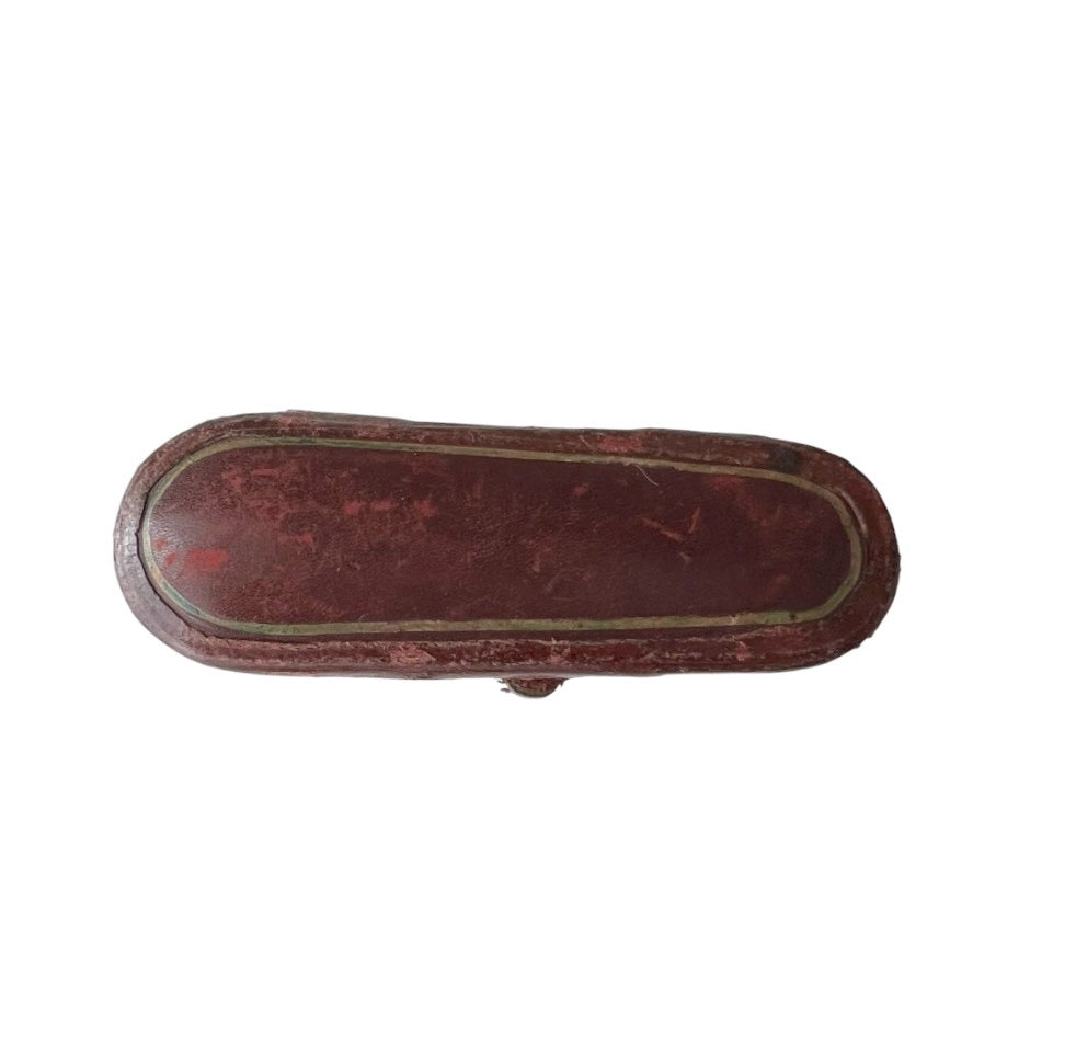 Antique Leather Mouthpiece or Jewellery Presentation Box, Blue Velvet Lined Tapered Case