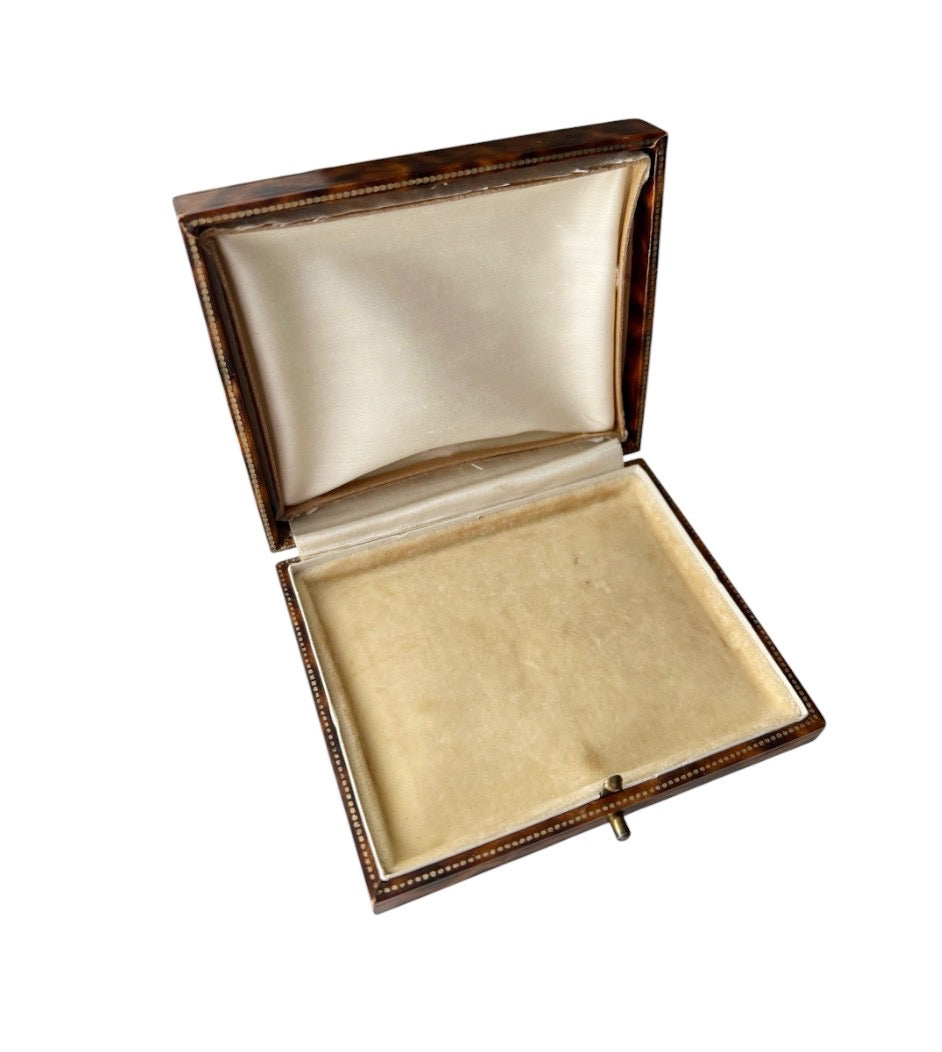 Antique Leather Jewellery Presentation Box, Gold Tooled Square Case, Cream Velvet Interior