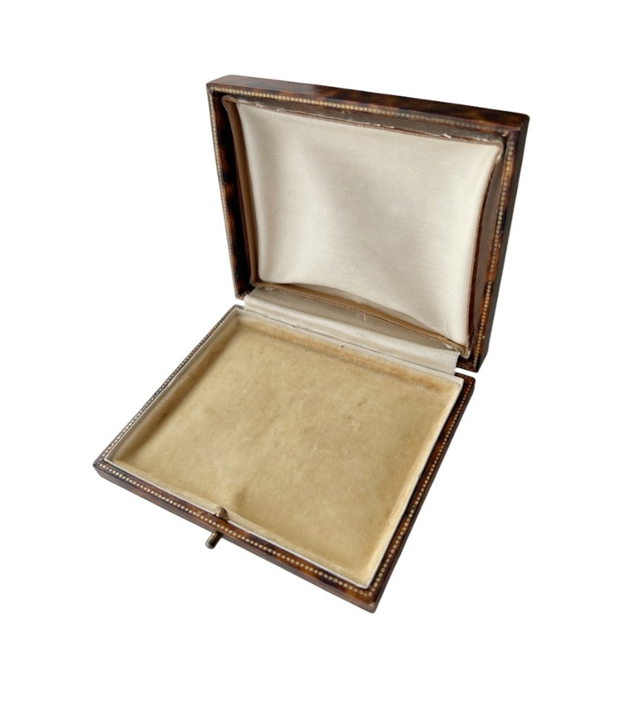 Antique Leather Jewellery Presentation Box, Gold Tooled Square Case, Cream Velvet Interior