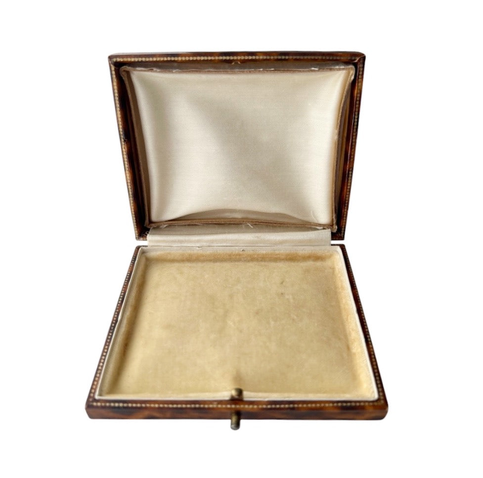 Antique Leather Jewellery Presentation Box, Gold Tooled Square Case, Cream Velvet Interior