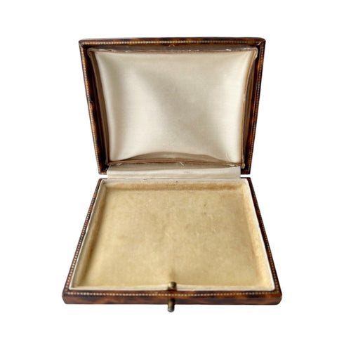 Antique Leather Jewellery Presentation Box, Gold Tooled Square Case, Cream Velvet Interior