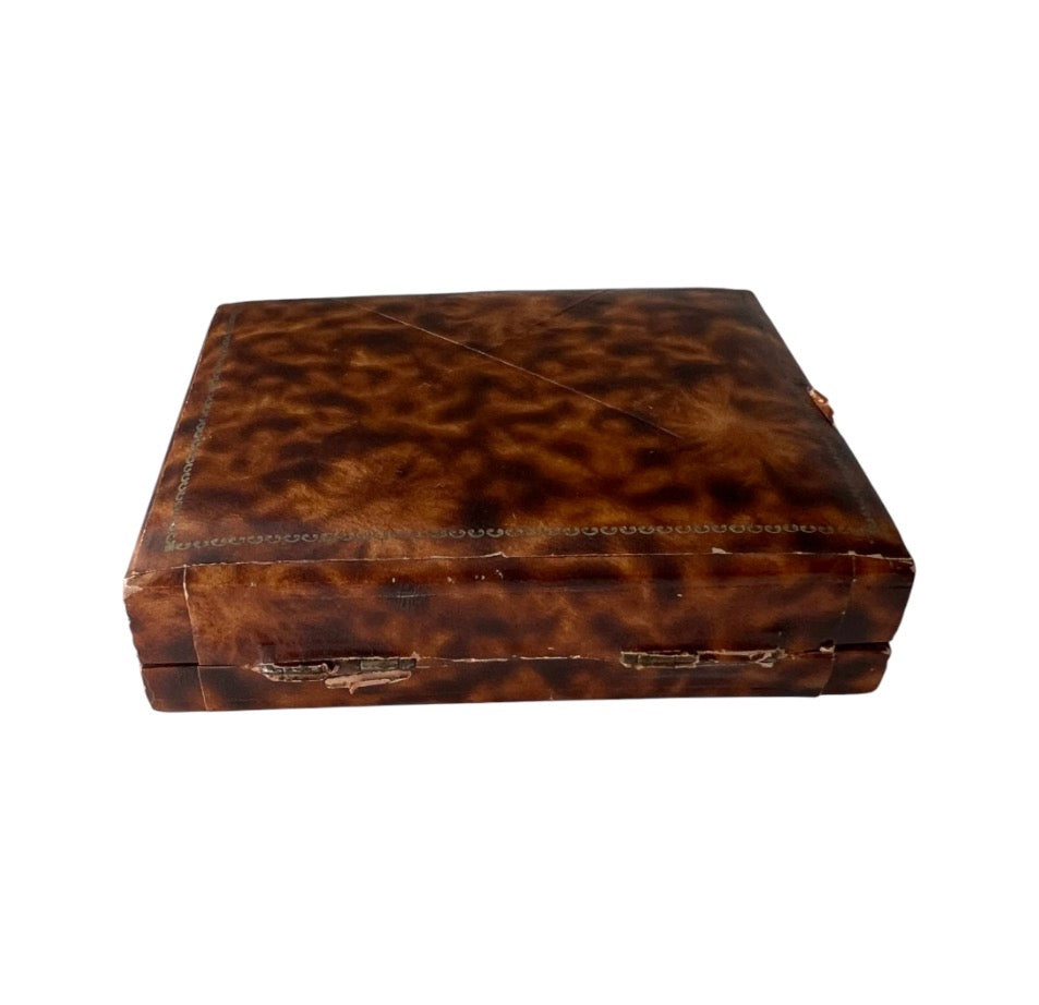 Antique Leather Jewellery Presentation Box, Gold Tooled Square Case, Cream Velvet Interior