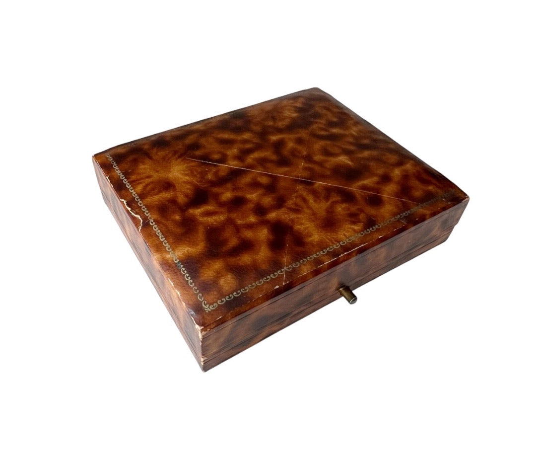 Antique Leather Jewellery Presentation Box, Gold Tooled Square Case, Cream Velvet Interior