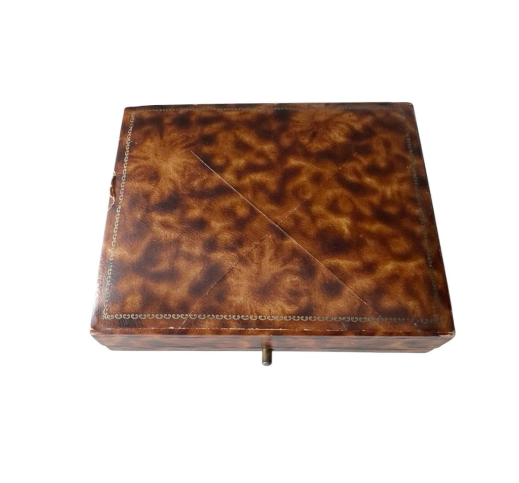 Antique Leather Jewellery Presentation Box, Gold Tooled Square Case, Cream Velvet Interior