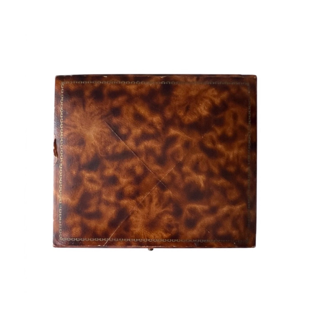Antique Leather Jewellery Presentation Box, Gold Tooled Square Case, Cream Velvet Interior