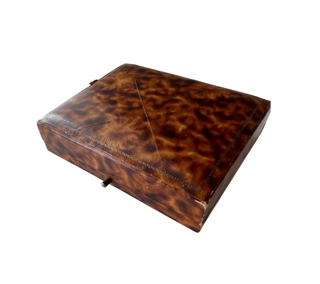 Antique Leather Jewellery Presentation Box, Gold Tooled Square Case, Cream Velvet Interior