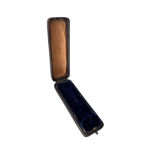 Antique Leather Stick Pin Box, Blue Velvet Presentation Case