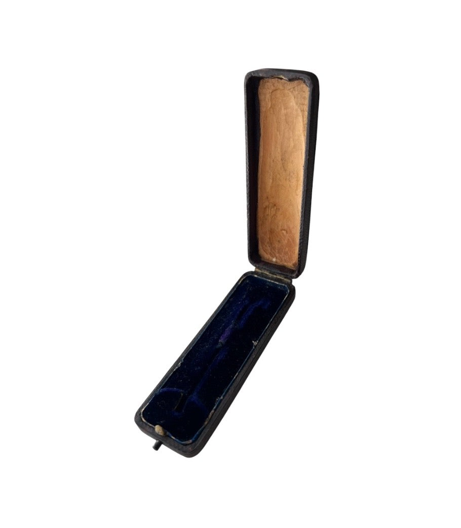 Antique Leather Stick Pin Box, Blue Velvet Presentation Case