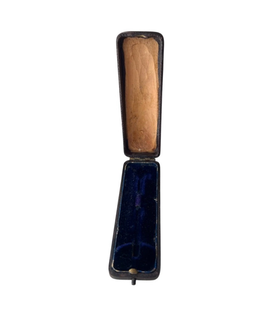 Antique Leather Stick Pin Box, Blue Velvet Presentation Case
