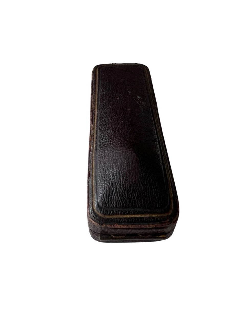 Antique Leather Stick Pin Box, Blue Velvet Presentation Case