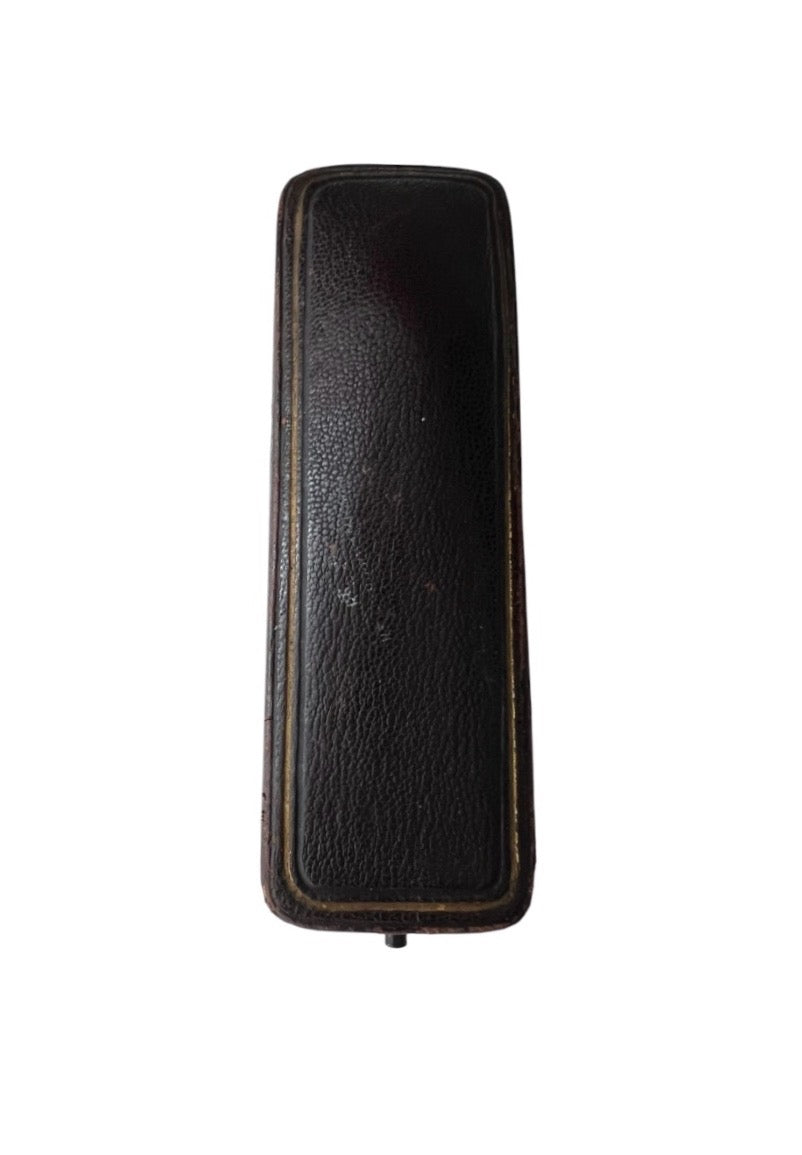 Antique Leather Stick Pin Box, Blue Velvet Presentation Case