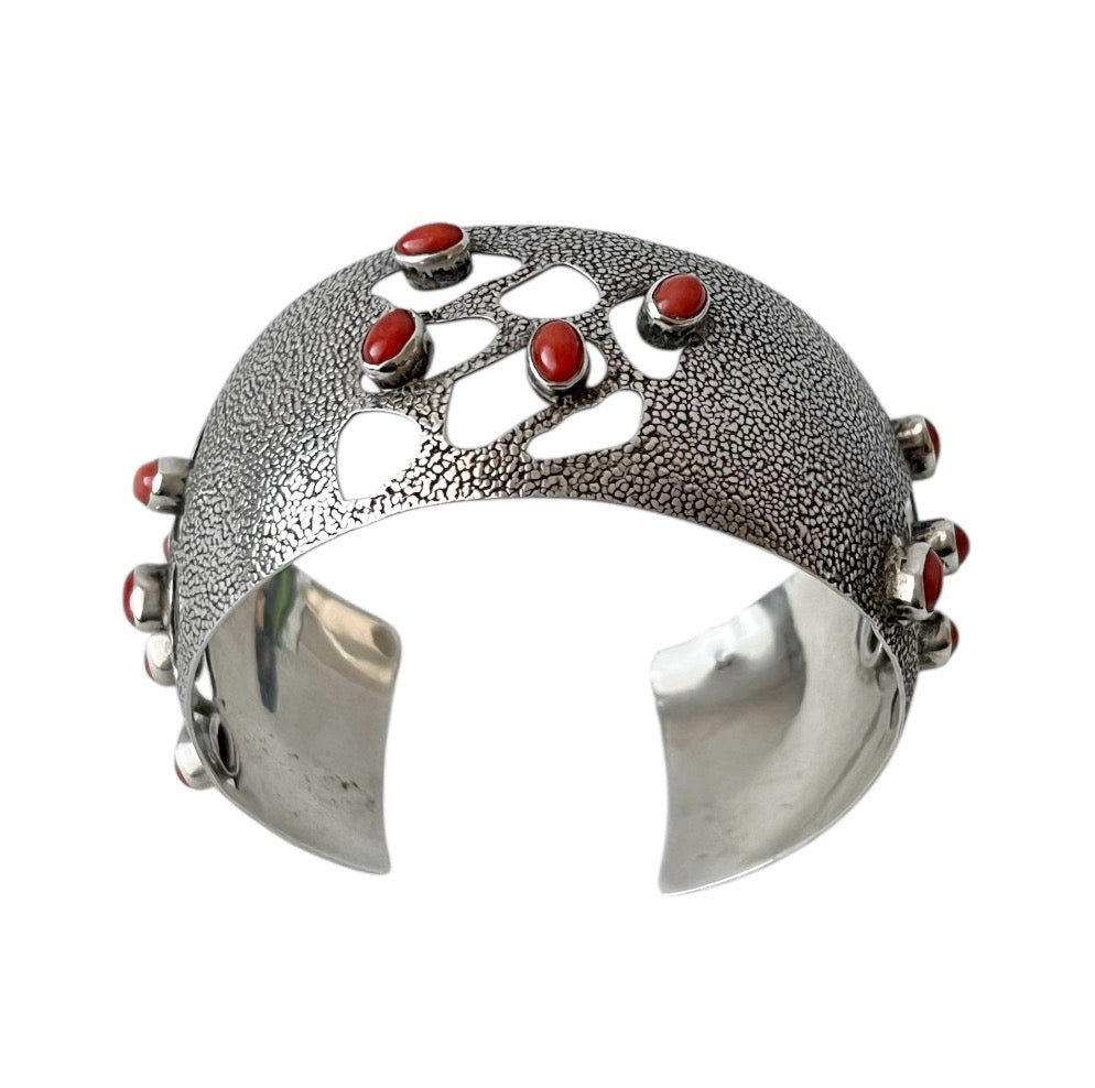 Vintage Silver Wide Cuff Bracelet With Mediterranean Coral.