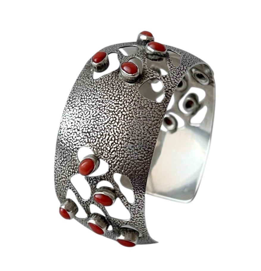 Vintage Silver Wide Cuff Bracelet With Mediterranean Coral.