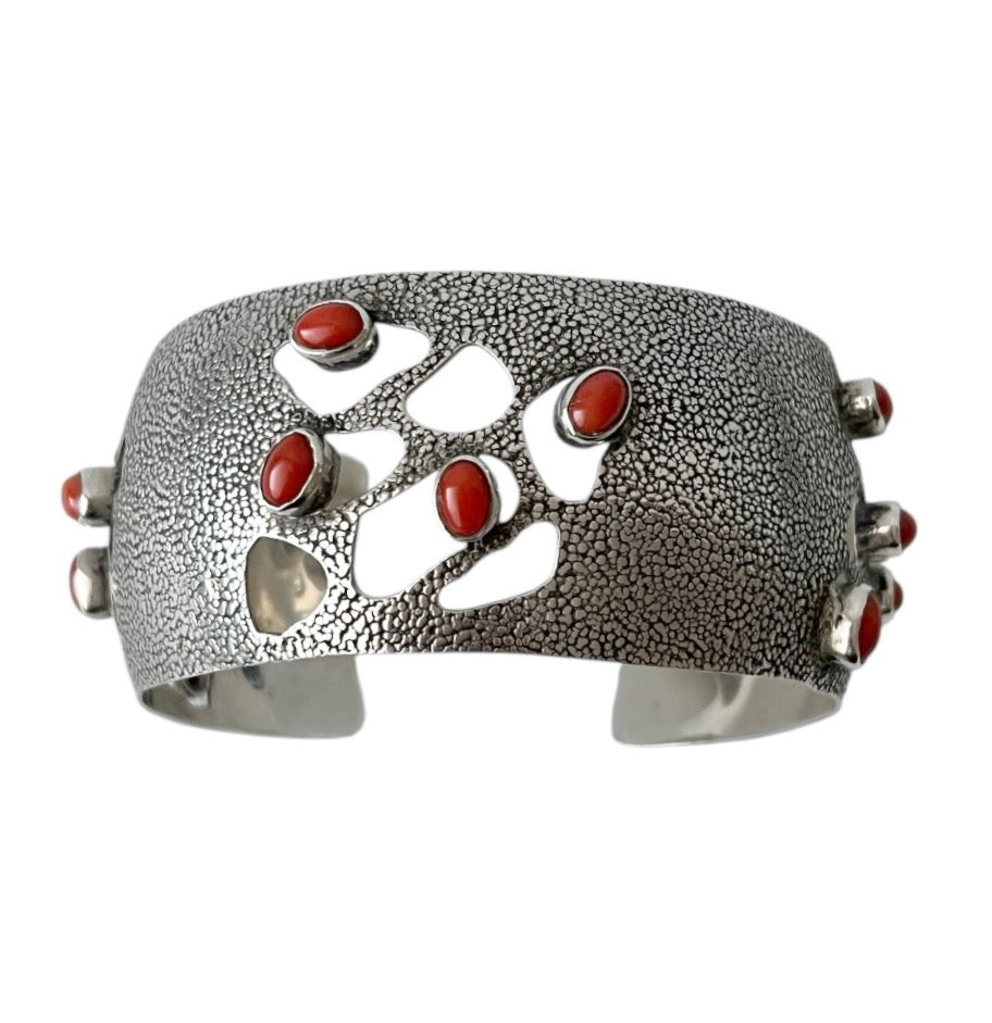Vintage Silver Wide Cuff Bracelet With Mediterranean Coral.
