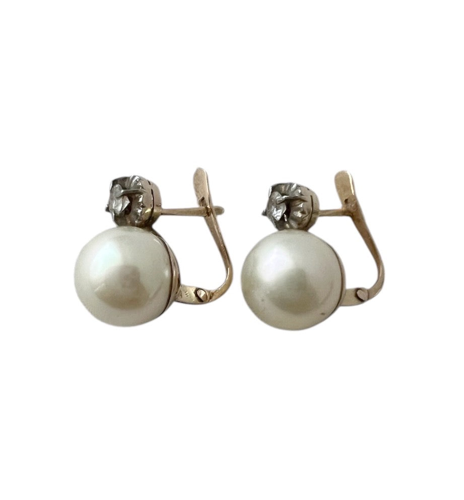 Vintage 18k Yellow Gold Faux Pearl & White Quartz Latch-Back Earrings.