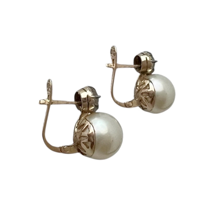 Vintage 18k Yellow Gold Faux Pearl & White Quartz Latch-Back Earrings.