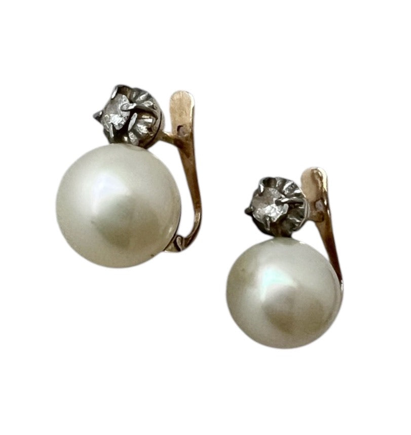 Vintage 18k Yellow Gold Faux Pearl & White Quartz Latch-Back Earrings.