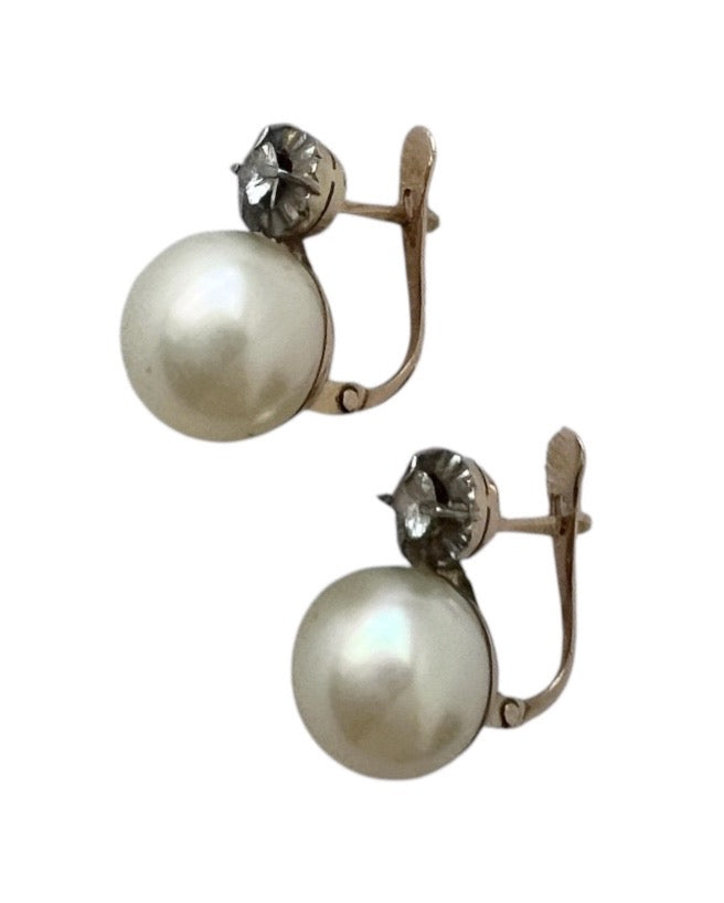 Vintage 18k Yellow Gold Faux Pearl & White Quartz Latch-Back Earrings.